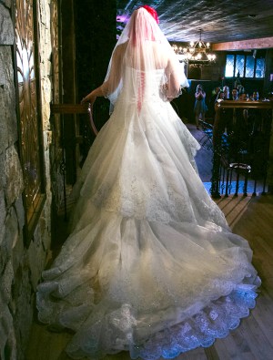 Pink Corset Laces Pink Hair Bride A pink haired bride, poto taken from behind, long train, walking